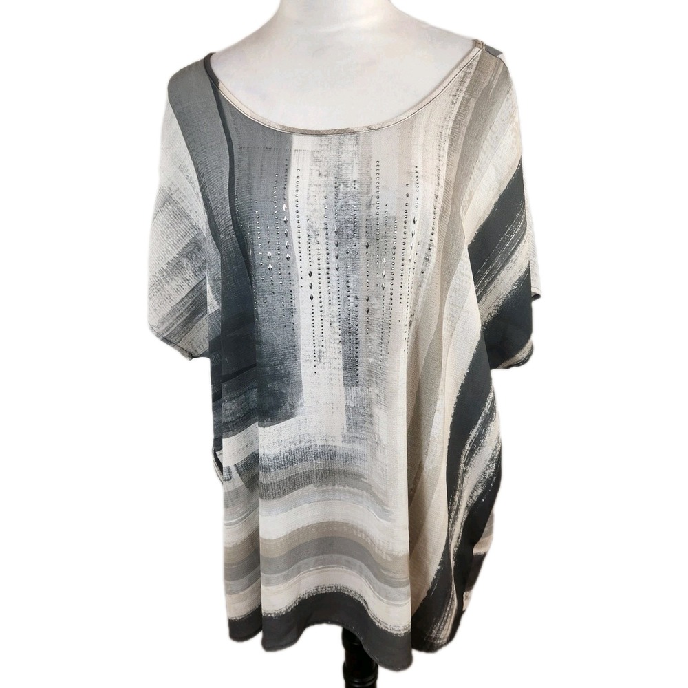 CJ Banks Womens Pullover Top Sz‎ XL Gray Beige Abstract Print Lightweight Blouse